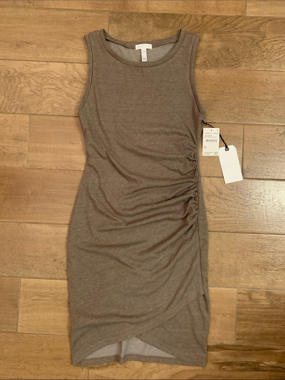 NWT—Leith Sleeveless Ruched Dress Size Small in Tan Dusk Heather